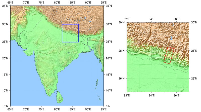 Fig.1: The coverage area of the PALSAR-2 data acquired on April 26, 2015 (red box)