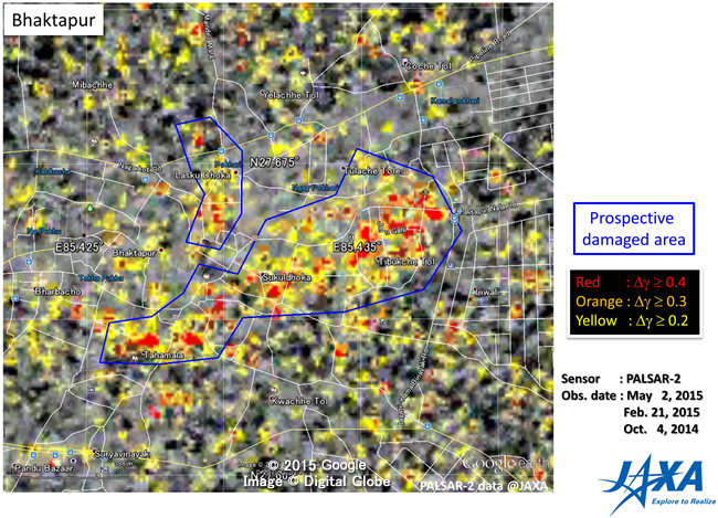 Fig.6: Prospective damaged building and road areas obtained by difference of coherence analysis for Bhaktapur.
