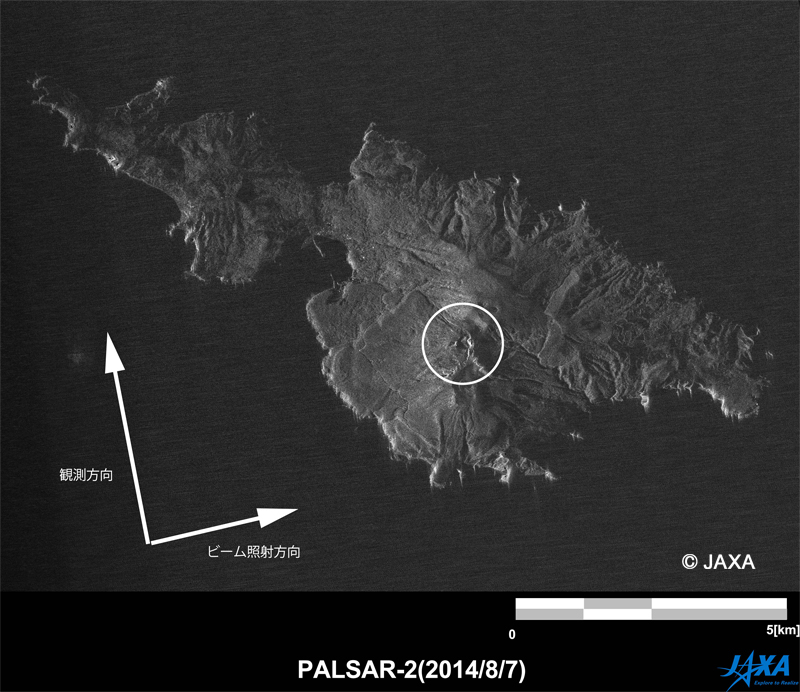 図2: 「だいち2号」搭載PALSAR-2観測による2014年8月7日00時38分頃の口永良部島の火山噴火後画像