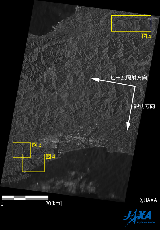 図2: 2014年8月10日11時57分 (日本標準時刻) 頃「だいち2号」搭載PALSAR-2観測画像による高知県、徳島県付近のPALSAR-2画像