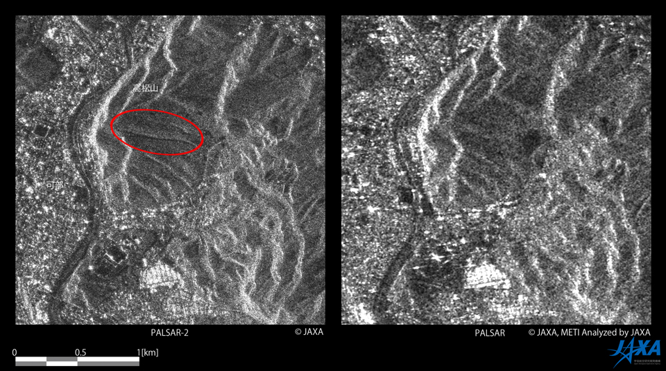 図3: 広島市安佐北区可部付近の画像 (左：PALSAR-2/2014年8月24日観測、右：PALSAR/2010年1月26日観測）