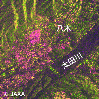 「だいち2号」搭載PALSAR-2の2偏波観測データによる広島市土砂災害発生地域のカラー合成図（赤：HH、青：HV、緑：HH/HV）