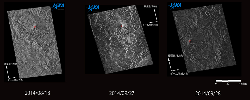 図6: 「だいち2号」PALSAR-2での御嶽山付近の観測画像、左:噴火前の観測画像 (2014年8月18日)、中:噴火後の観測画像（2014年9月27日）、右:噴火後の観測画像（2014年9月28日）