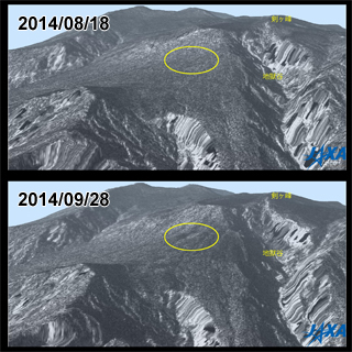 PALSAR-2による御嶽山山頂付近の噴火前後の鳥瞰図 (上: 2014年8月18日観測、下: 2014年9月28日観測)