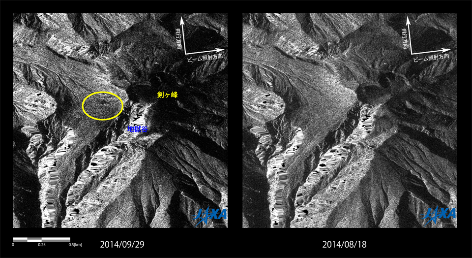 図3: 「だいち2号」PALSAR-2での御嶽山山頂付近の比較画像、左:噴火後の観測画像（2014年9月29日）、右:噴火前の観測画像 (2014年8月18日)