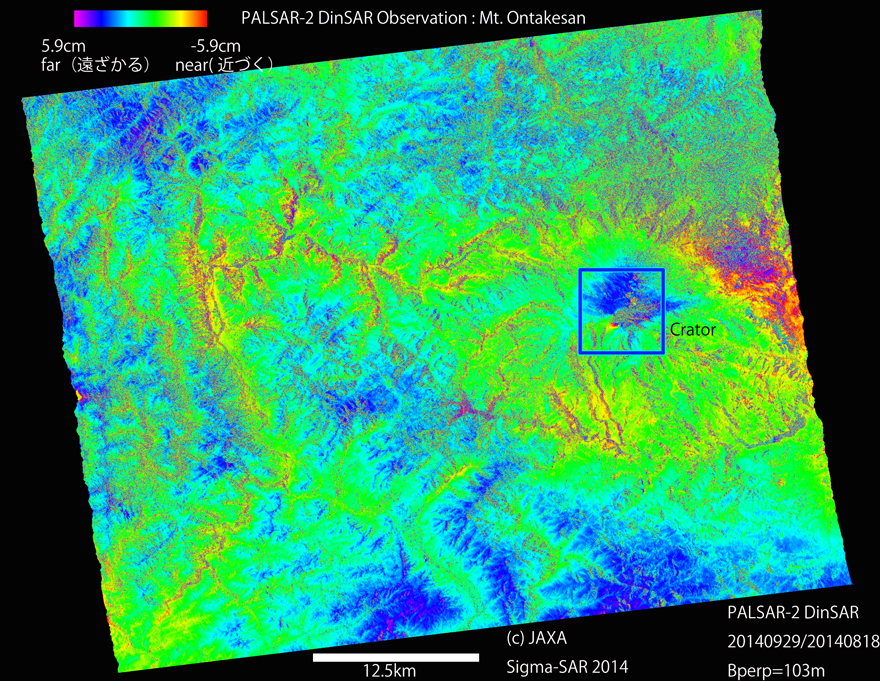 図1: 御嶽山を含む約50km四方の2014年9月29日観測画像と2014年8月18日観測画像との差分干渉処理結果
