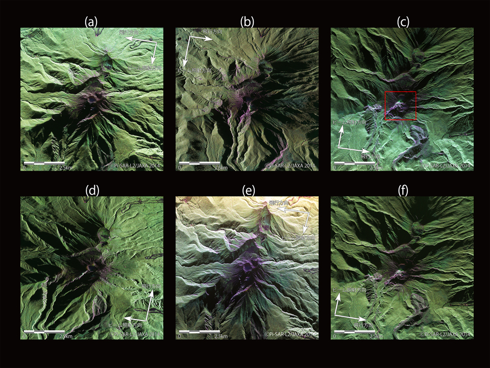 図3: Pi-SAR-L2による御嶽山山頂付近の拡大画像 (2014年9月30日観測、RGB合成画像、a～fは表1に対応)