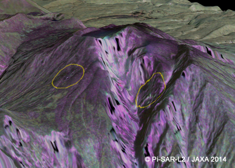 図1(左): 2014年9月30日Pi-SAR-L2観測によるオルソ画像