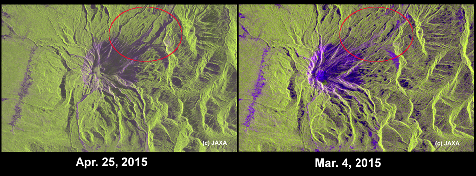 図3: 図2の赤枠の領域を拡大した画像。左: 噴火後、3m分解能モードで2015年4月25日観測、右: 噴火前、10m分解能モードで2015年3月4日観測