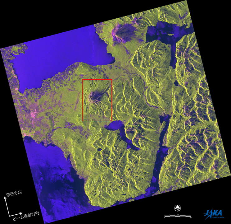 図2: 「だいち2号」搭載PALSAR-2観測画像によるチリ南部カルブコ山周辺地域のカラー合成画像 (赤: HH, 緑: HV, 青: HH/HV、2015年4月29日観測)。カルブコ山は、赤枠で囲んだ領域に位置
