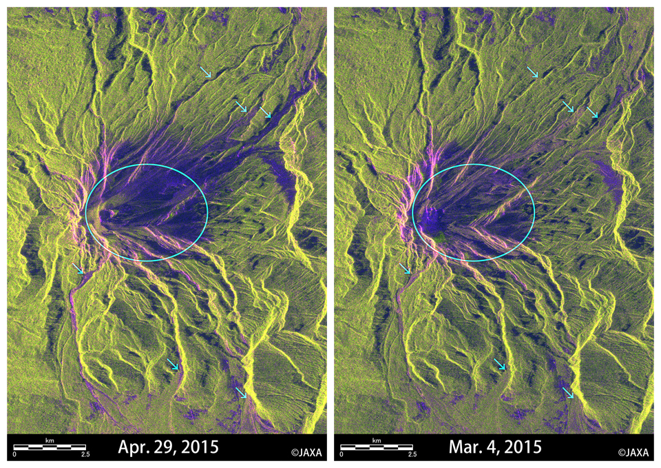 図3: カルブコ山周辺のPALSAR-2観測画像（図2赤枠内の拡大図）、左:2015年4月29日、右: 2015年3月4日、ともに高分解能10mモード（ビームF2-5、オフナディア角28.2度）で観測