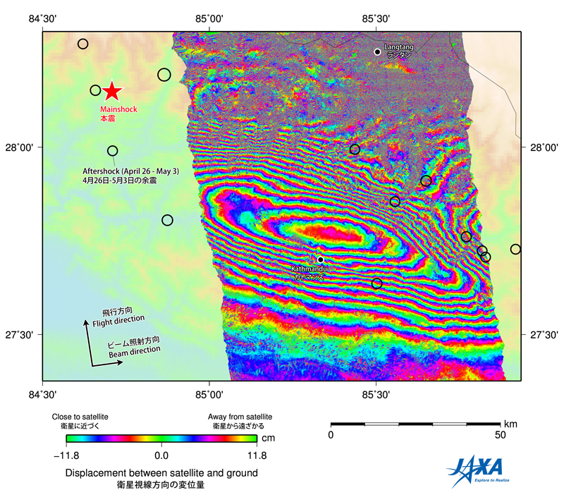 図1: ネパール地震前後（前：2015年2月21日、後：2015年5月2日）に取得されたPALSAR-2データによる干渉画像。観測モード：高分解能10m（ビームF2-6）、観測幅：70km