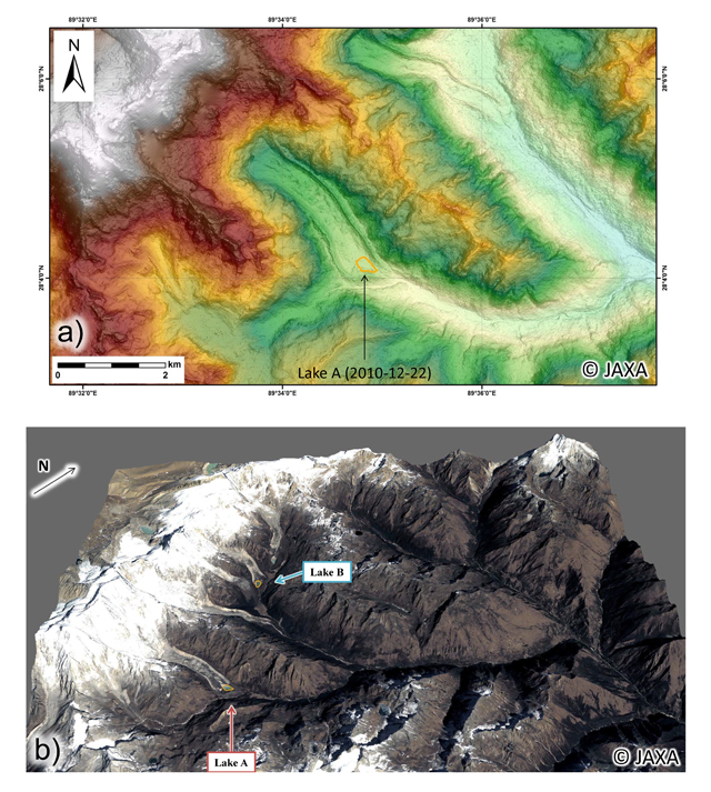 図5: （a）ALOSデジタル地形データ（解像度2.5m）から得られた氷河湖A周辺の地形の様子および（b）ALOSデジタル地形データ・高精細カラー画像から作成された氷河湖AおよびB周辺の鳥瞰図（2010年12月22日の観測による）