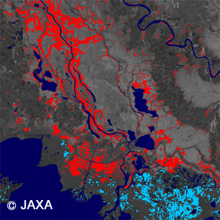 「だいち2号」搭載PALSAR-2観測画像による2016年1月16日の浸水域の推定図