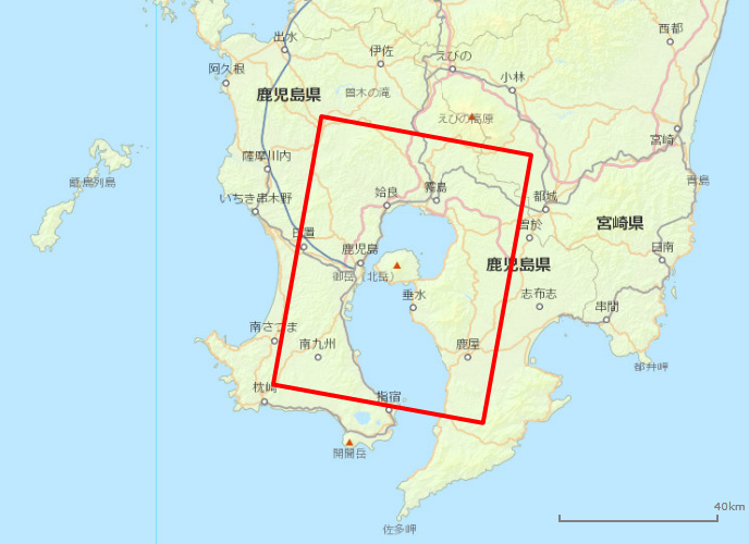 図1：PALSAR-2の観測範囲(鹿児島県桜島付近、赤枠：2016年2月8日）
