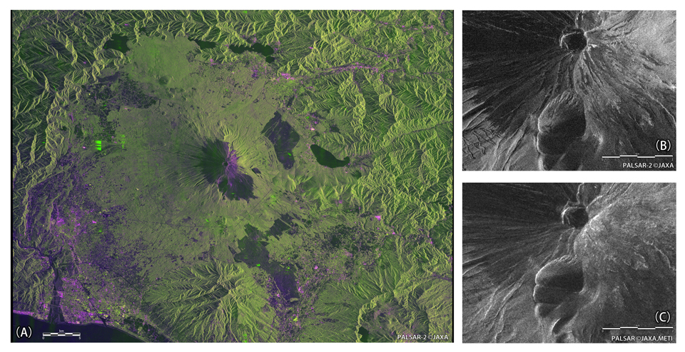 図5:「だいち2号」搭載PALSAR-2および「だいち」搭載PALSARによる富士山周辺の観測画像