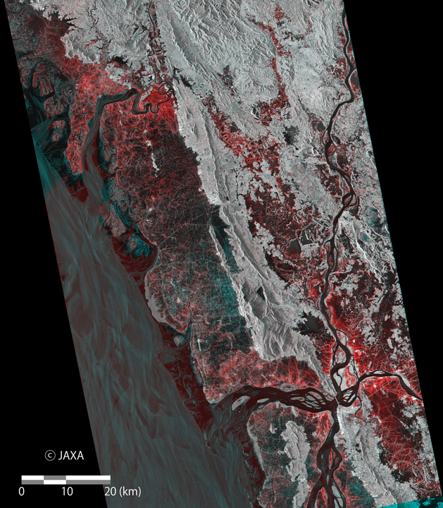 図8: 「だいち2号」搭載PALSAR-2観測による2015年8月6日に高分解能モード（分解能10m）で取得された画像と、洪水前の2014年9月18日に同じ条件で取得された画像とを色合成したミャンマー・モン州モーラミャイン周辺