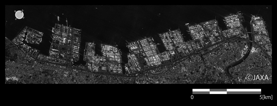 図3: 2014年6月22日のPALSAR-2観測画像による東京湾袖ヶ浦付近