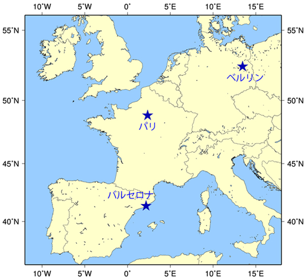 図1: 2014年6月29日から7月20日のPALSAR-2観測のうち、西ヨーロッパの観測地点を示す