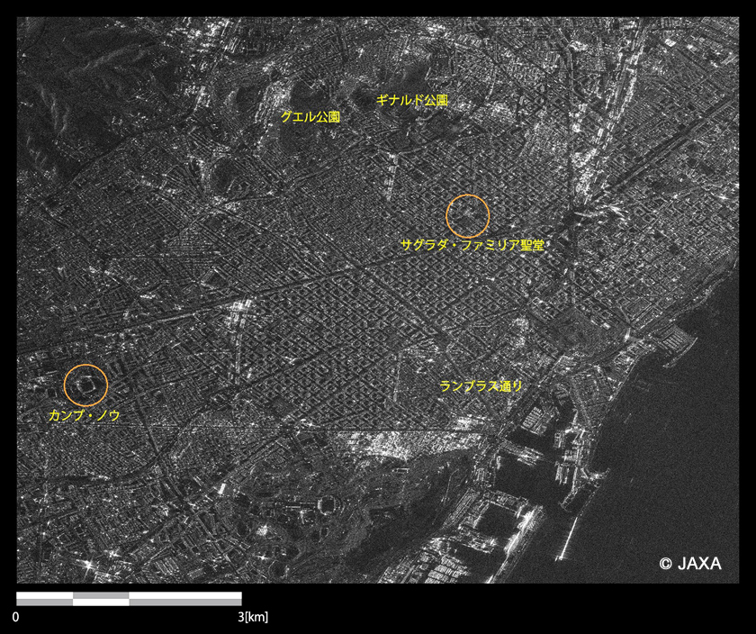 図5: 2014年6月29日のPALSAR-2観測画像によるスペイン・バルセロナ市街