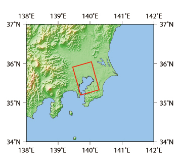 図1: 観測範囲（東京湾、数値標高データはGTOPO30を使用）