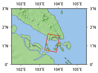 図4: 観測範囲（シンガポール海峡、数値標高データはGTOPO30を使用）
