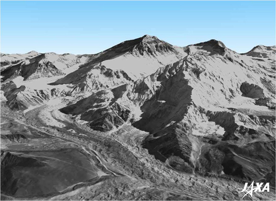 図1: 陸域観測技術衛星「だいち」(ALOS) 撮影画像によるデジタル3D地図のイメージ例：エベレスト