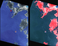 Seas around the Amakusa Islands observed by AVNIR-2 on May 4, 2006(Left:RGB=3,2,1、Right:RGB=4,3,2).