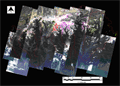 Pan-sharpened mosaic image by PRISM and AVNIR-2 in the Bhutan Himalayas as of July 2011 (R, G, B = Band 3, 2, 1 as true color composite). The red lines show boundaries of river basin and the color dots show extracted glacial lakes in this study.