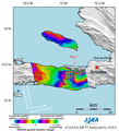 Observation Results of ALOS/PALSAR Relating to the Magnitude 7.0 Earthquake in Republic of Haiti, Central America, on Jan. 12, 2010 (UTC). Figure is an interferogram generated from PALSAR data acquired before(Feb. 28, 2009) and after(Jan. 16, 2010) the earthquake using the DInSAR technique.