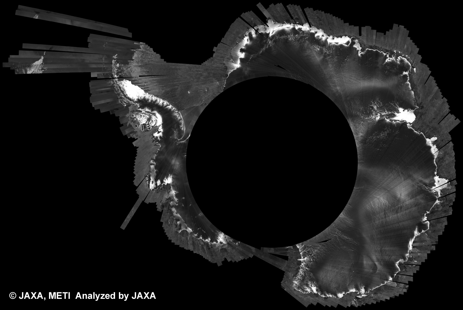Fig. 4: PALSAR 500m Browse Mosaic (FBS/HH Descending) of ANTARCTICA for cycle39 (Oct. 31, 2010 ~ Dec. 15, 2010).