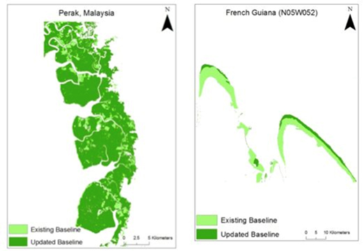 Baseline maps of mangrove extent for 2010 derived from ALOS PALSAR data, revised from the USGS map of 2000 for two tropical sites in Malaysia and French Guiana.