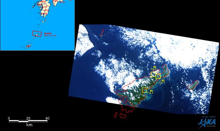 Fig.1: AVNIR-2 image with 41.5 degrees pointing angle acquired at 10:41 on October 30, 2010 (JST). Yellow squares show location of Figs. 2 to 4.