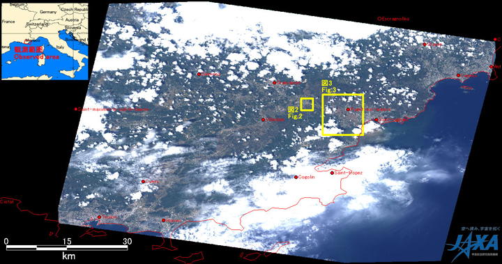 Fig. 1: AVNIR-2 image with -28.0 degrees pointing angle acquired at 19:15 on June 17, 2010 (JST). Yellow squares show location of Figs. 2 and 3.