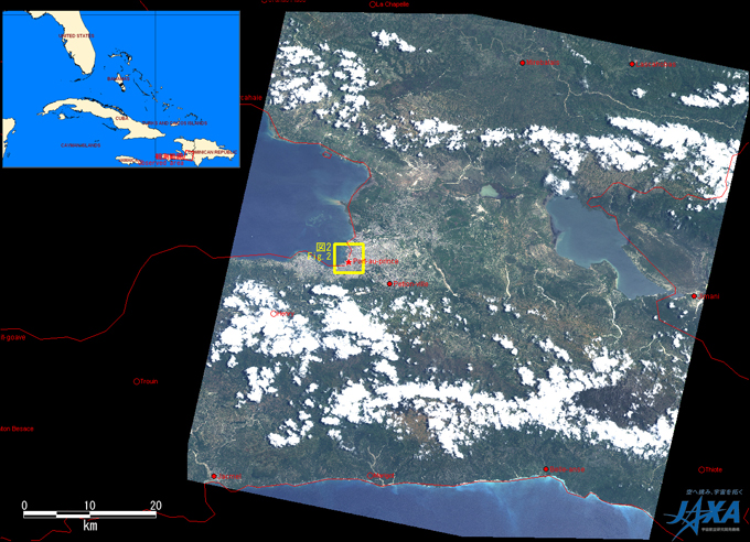 Fig. 1: AVNIR-2 image with 0.0 degree pointing angle acquired at 0:28 on June 11, 2010 (JST). A yellow square shows location of Fig.2.