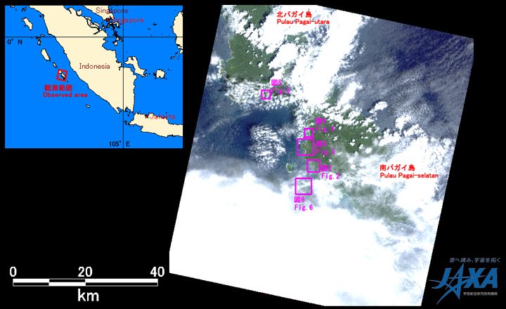 Fig.1: AVNIR-2 image with 0.0 degrees pointing angle acquired at 12:45 on October 28, 2010 (JST). Purple squares show location of Figs. 2 and 6.