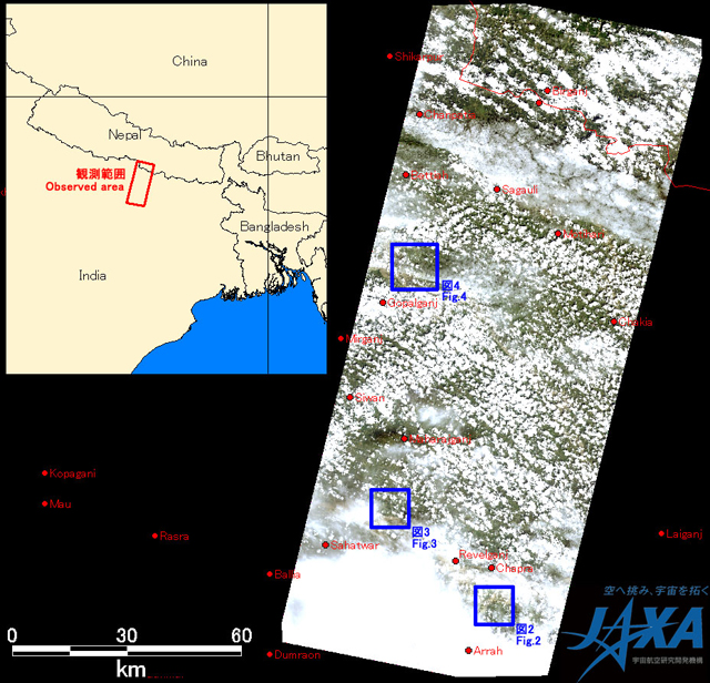 Fig.1: AVNIR-2 image with 0.0 degree pointing angle acquired at 14:06 on September 19, 2010 (JST). Blue squares show location of Figs. 2 to 4.