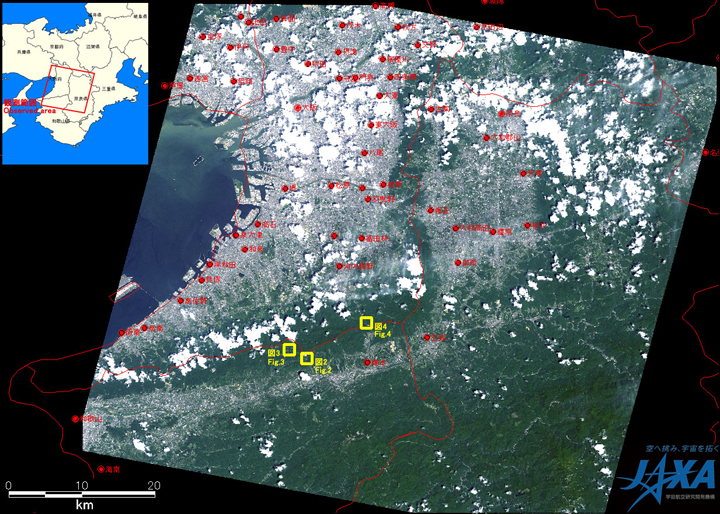 Fig. 1: AVNIR-2 image with -8 degrees pointing angle acquired on 10:45 (JST) on Jul. 18, 2010. Yellow squares show locations of Figs. 2 to 4.