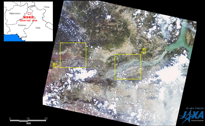 Fig.1:AVNIR-2 image with -28.0 degrees pointing angle acquired at 14:44 on August 5, 2010 (JST). Yellow squares show location of Figs. 2 and 4.