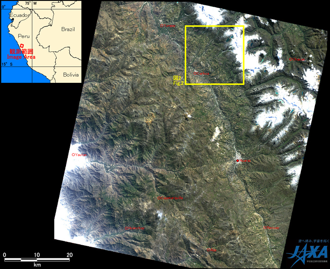 Fig. 1: AVNIR-2 image with 0.0 degree pointing angle acquired on 0:35 of May 25, 2010 (JST). Yellow square shows the location of Fig. 2.