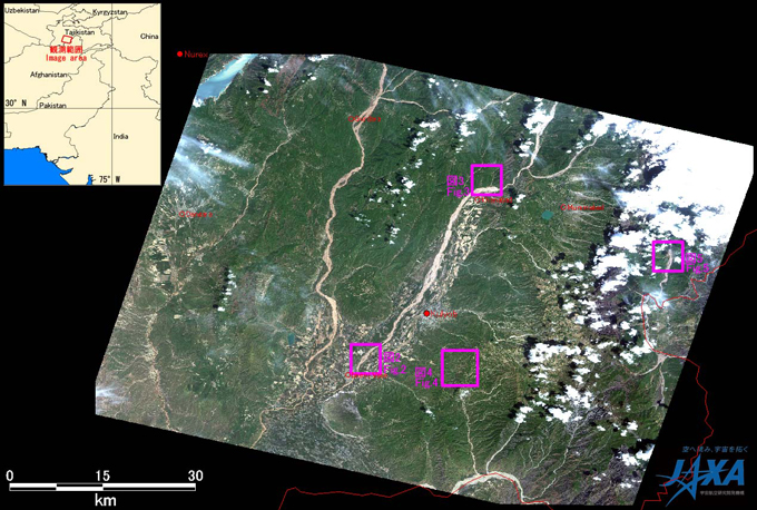 Fig. 1: AVNIR-2 image with +25 degrees pointing angle acquired on 6:32 of May 11, 2010. Purple squares show locations of Figs. 2 to 5.