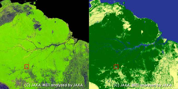 Porto Velho, Rondonia, Brazil. left: PALSAR 10m Mosaic Image, right: Global Forest/Non-forest map.