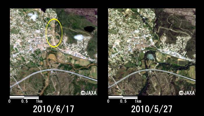 Fig. 2: Enlarged images in Le Muy (3km squares, left: June 17, 2010; right: May 27, 2010). A yellow circled area shows location of floods.