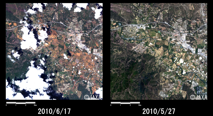 Fig. 3: Enlarged images in Puget-sur-Argens (10km squares, left: June 17, 2010; right: May 27, 2010).