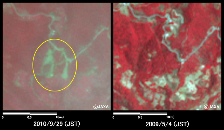 Fig.3: Enlarged images of the mudslides at Santa Maria Tlahuitoltepec (4 square kilometers, left: September 29, 2010; right: May 4, 2009).