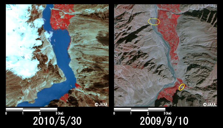 Fig. 4: Enlarged image of the Shishkat Village (6 km squares, left: May 30, 2010; right: Sep. 10, 2009).