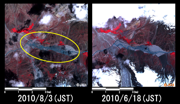 Fig.2: Enlarged image at the swollen river in Kan Khun (36 square kilometers, left: August 3, 2010; right: June 18, 2010).