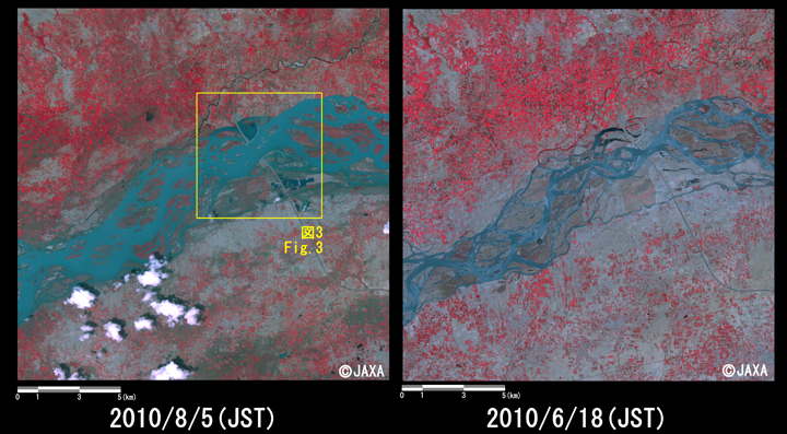 Fig.2: Enlarged image at the swollen river at Kamra, Attock District, Punjab Province (324 square kilometers, left: August 5, 2010; right: June 18, 2010).