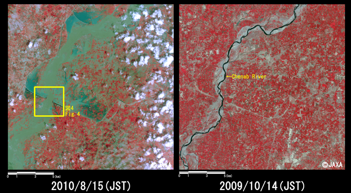 Fig.3: Enlarged images of the swollen rivers at Chund Bharwana (324 square kilometers, left: August 15, 2010; right: October 14, 2009). Yellow box shows location of Fig. 4.