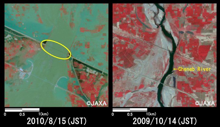 Fig.4: Enlarged images of the bridges at Chund Bharwana (9 square kilometers, left: August 15, 2010; right: October 14, 2009).